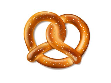 Realistic pretzel. German cuisine symbol, Bavarian bakery or pastry product, Oktoberfest beer festival traditional salty snack or meal. Isolated vector pretzel with salt grains clipart