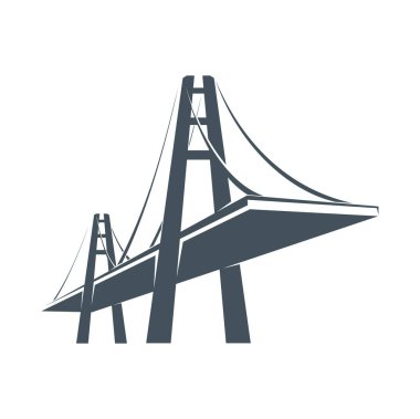 Köprü simgesi, inşaat, ulaşım ve ortaklık veya seyahat şirketi vektör sembolü. Kuleleri, inşaat teknolojisi, endüstriyel işletmeleri ve ticari ağ kurumsal tabelasıyla şehir köprüsü.