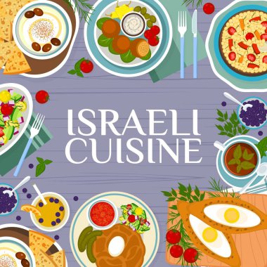 İsrail mutfağının menü kaplama şablonu. Matzalı humus, siyah çay ve limonata, et fasulyesi ve kolent, sebze salatası ve nohut salatası, peynir ve yumurtalı turta, yağda kızartılmış hamur köftesi.