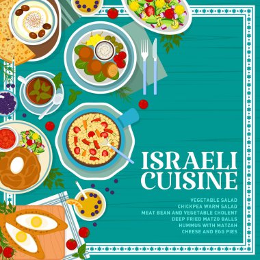 İsrail mutfağının yemek menüsü şablonu. Peynirli yumurta turtası, bol yağda kızartılmış hamur köftesi ve sebze kolanı, humus ve matza, sebze salatası ve nohut salatası, limonata, siyah çay.