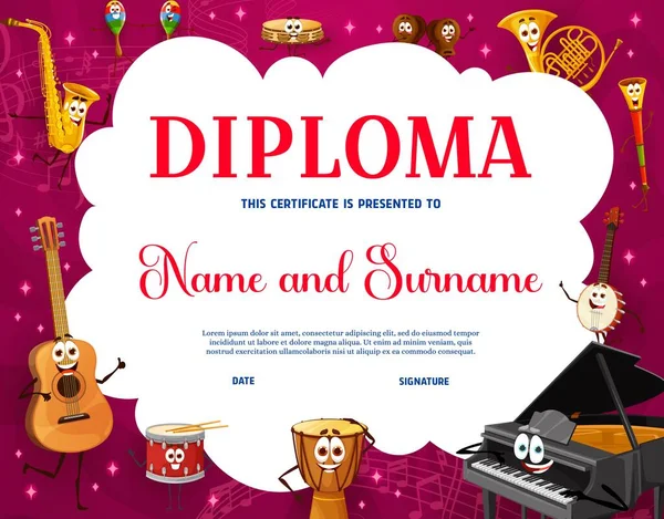 Kids Diploma Cartoon Musical Instrument Characters Vector Background Frame Music — Stock Vector