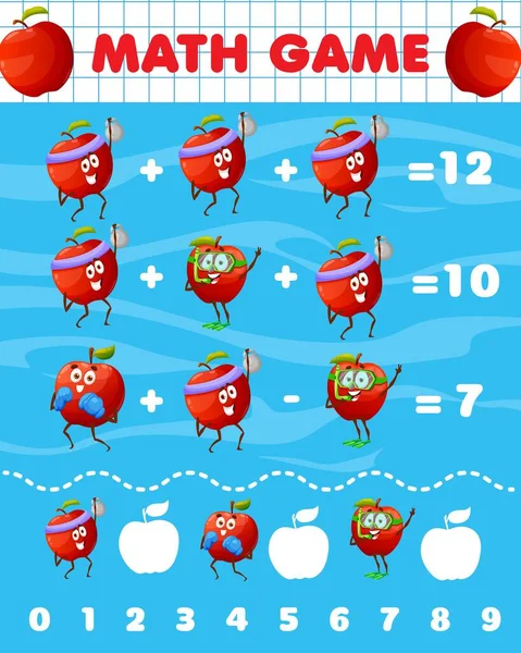 Planilha de jogo de matemática com tacos mexicanos catoon, abacate e  pimenta, labirinto de educação de vetor. quebra-cabeça matemático infantil  com adição e subtração de números matemáticos e comida