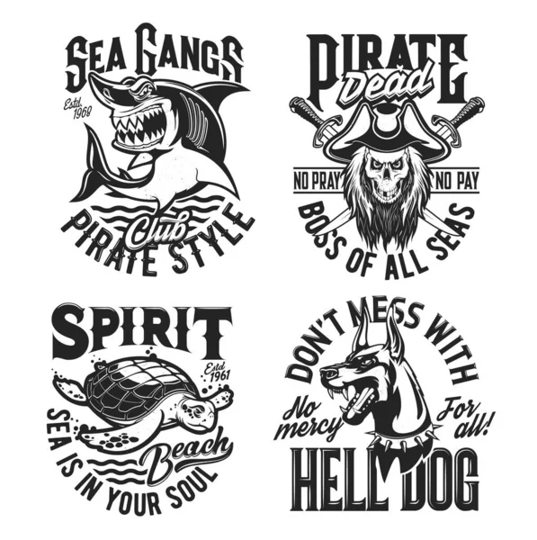 Shark Turtle Doberman Pirate Captain Skull Mascots Vector Shirt Prints — Stock Vector