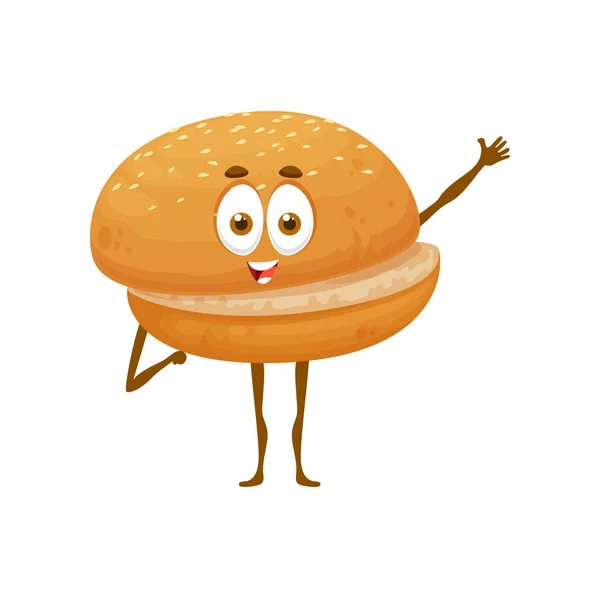 卡通汉堡包或面包店面包 向量有趣的食物与脸和微笑 做汉堡包的小麦或黑麦面包 有眼睛或有感情的快乐糕点 还有孩子们菜单上的漫画家 — 图库矢量图片