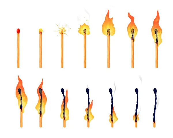 Burning Match Animation Cartoon Matchstick Red Sulfur Head Ignite Spark — Stock Vector