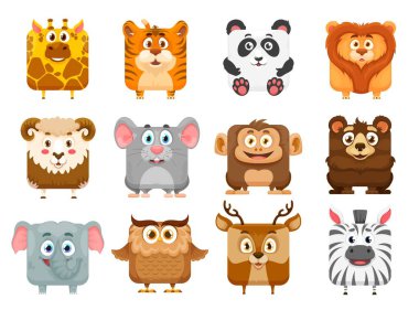 Kare hayvan yüzleri, kawaii çizgi film karakterleri ve sevimli hayvanat bahçesi hayvanları, vektör ikonlar. Fare ve ayının Kawaii kare yüzü, pandanın bebek emoji etiketleri, zebra ve maymun avatarıyla zürafa ve fil.