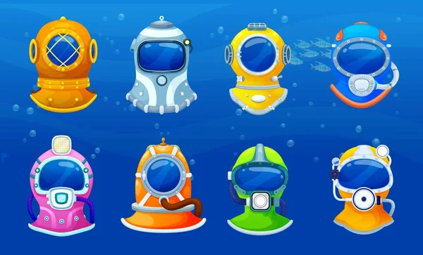 Cascos Buzo Dibujos Animados Máscaras Acuáticas Submarinas Cabina Fotos Vectoriales — Vector de stock