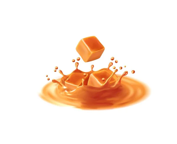Corona Crown Caramel Sauce Splash Toffee Caramel Dessert Toffee Cubes — Stock Vector
