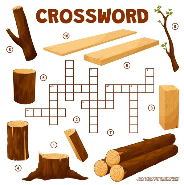 木材や木材のクロスワードグリッド 単語クイズゲームを見つけなさい 切り株 木材とベクトルワークシート トランク 木材やログ 小枝や板 家族のレクリエーション語彙 Brainteaser — ストックベクタ