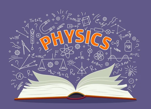 物理学の教科書や公式 大学や学校の教育の概念 物理学のベクトルの背景や黒板の実験式に手書きでバナー 研究グラフや本を開きました — ストックベクタ