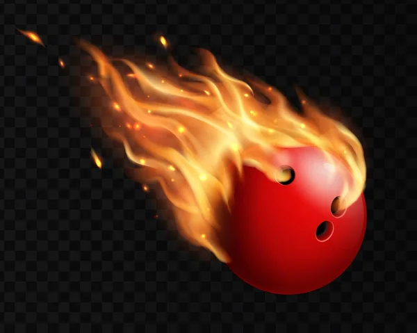火の炎の歩道でボウリングボールを飛んでいます ボウリングクラブ競争 スポーツレクリエーションや趣味3D現実的なベクトルの背景とともに孤立した赤いボウリングボール熱い燃える炎の中で飛行運動 燃える炎 — ストックベクタ