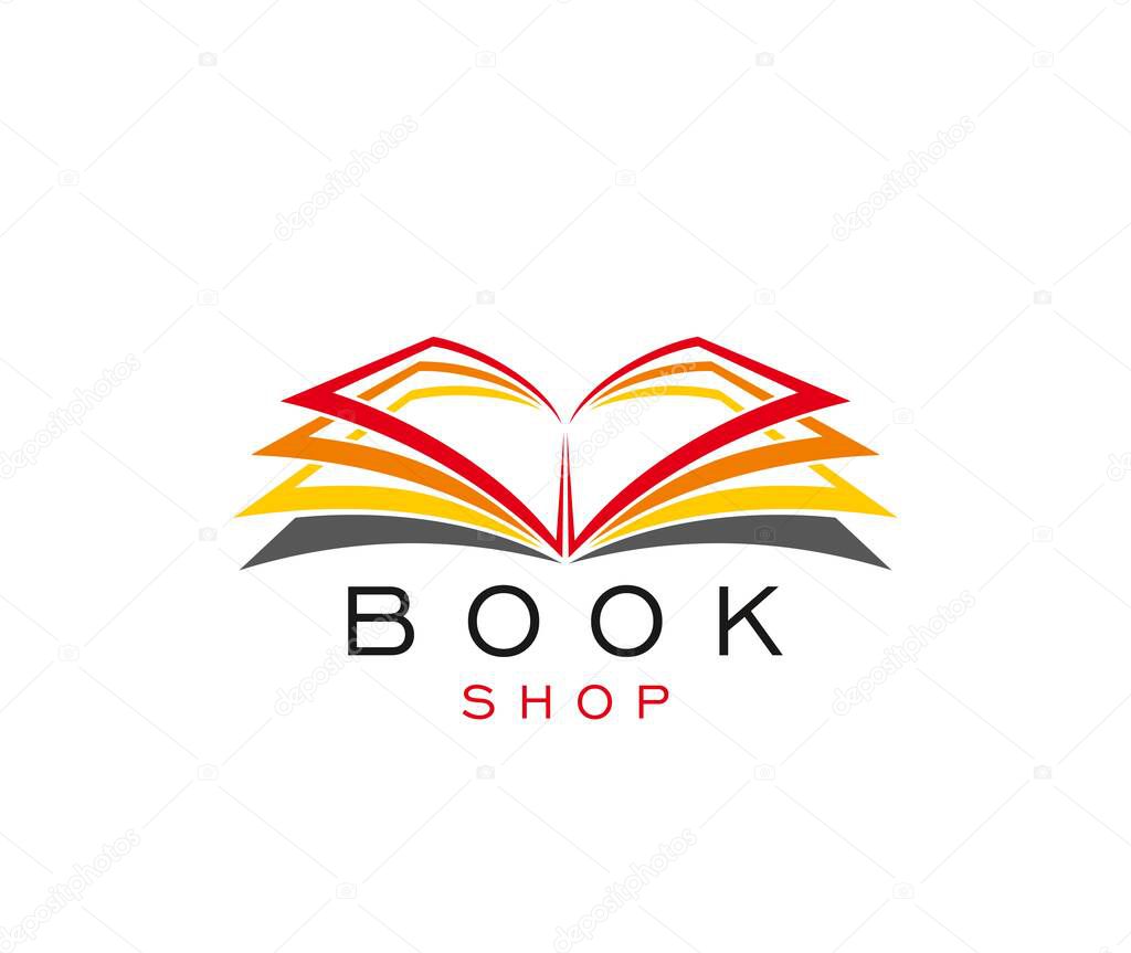 Book shop icon, library store or bookstore vector symbol of open pages. Education, knowledge or school and university literature library and bookstore sign of dictionary for ebook app