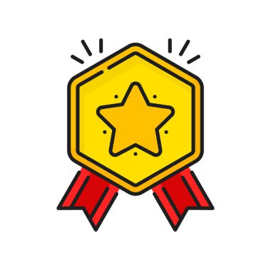 Rütbeli yıldız ve kurdele vektör ikonlu kalite garanti madalyası. Müşteri memnuniyeti ödülü, en iyi ürün ödülü, kupa ya da ödül. Kaliteli kalite garanti belgesi izole satır sembolünü mühürle