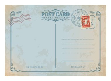 Antika kartpostallar, eski posta pulları. Seyahat nostaljik kağıt mektup, yazışma vektör retro kartpostal veya posta kartı çerçevesi. Antika düğün davetiye kartı.