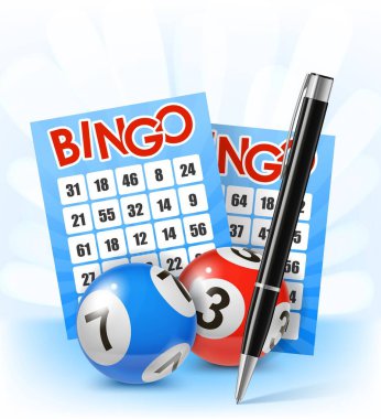 Bingo loto topları ve biletler. Kumar bahsi, loto serveti, kumarhane şansı veya oyun fırsatı gerçekçi vektör geçmişi. Piyango büyük ikramiyesi. Kalem, bingo topları ve biletlerle gerçekçi bir kavram.