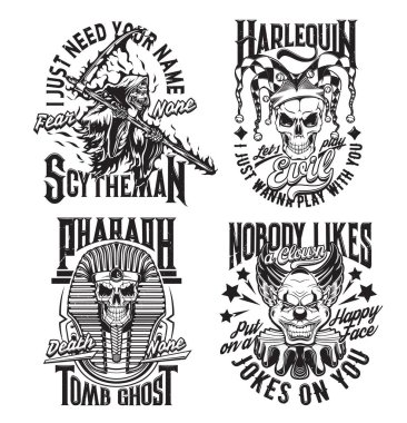 Ölüm meleği, palyaço, firavun ve tehlikeli palyaço tişörtü izleri. Ürkütücü kıyafetler, palyaço şapkalı palyaço kafatası, firavun mumyası ve tırpanla ölüm, çılgın palyaço rozeti.