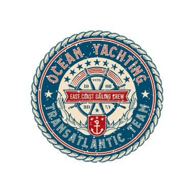 Yat kulübü retro yaması, yelkenli yarışı rozeti. Deniz macerası retro etiketi, yelkenli sporu vektör yaması veya okyanus yolculuğu klasik amblemi. Dümen direksiyonlu, defne çelenkli, yuvarlak denizcilik sembolü.