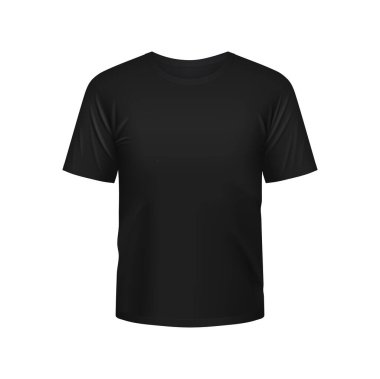 Erkek vektör modeli için siyah spor tişörtü. Kısa kollu, yalıtılmış tişört ve yuvarlak boyun manzaralı şablon. Boş giyim tasarımı, spor giyim, gerçekçi 3D model.