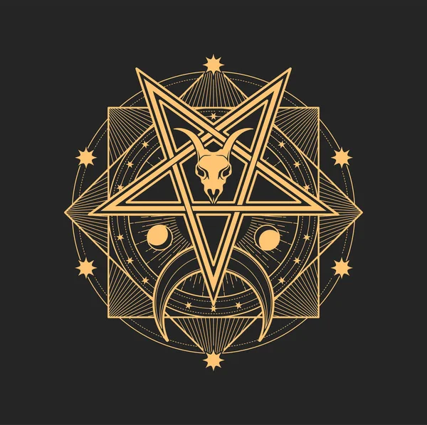 Pentagrama Com Crânio Cabra Octagrama Crescente Lua Estrelas Símbolo Oculto — Vetor de Stock