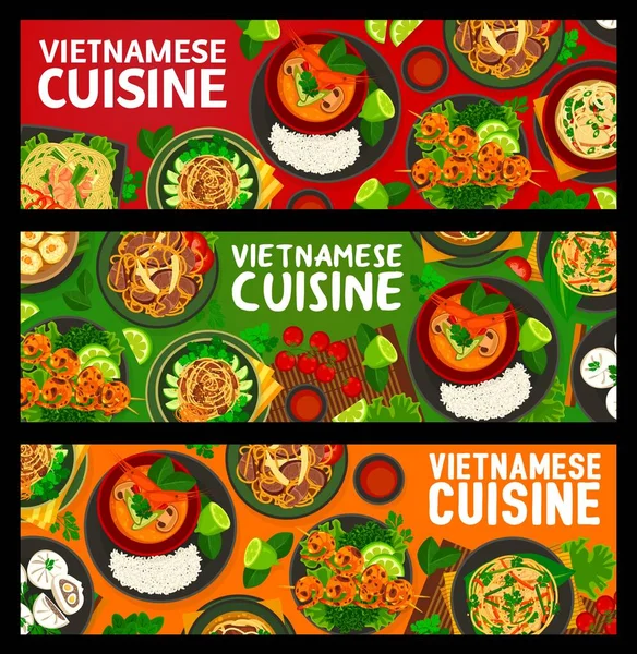 ベトナム料理のフードバナー アジア料理やレストランの食事 ベクトル ベトナム料理餃子パンやエビや麺フォースープ 蒸しミートボールや卵麺の全国料理 — ストックベクタ