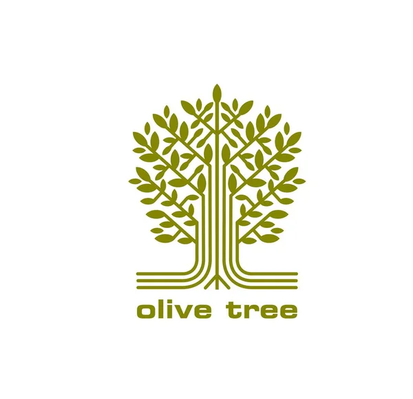 オリーブオイルのためのオリーブの木のシンボルは オリーブの木は 食品や有機農場の店のためのシルエットを残し ベクトルシンボル 地中海ホテルとエキストラバージンオリーブオイルシンボル ギリシャまたはイタリア料理食品アイコン — ストックベクタ