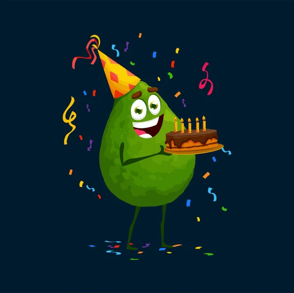 卡通鳄梨性格在节日派对上与生日蛋糕 矢量背景 快乐可爱的滑稽鳄梨 头戴生日帽 头戴糖果 带着笑脸和巧克力蛋糕庆祝节日 — 图库矢量图片