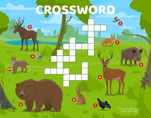 Crossword Quiz Game Grid Cartoon Hunting Forest Animals Birds Educational — Stock Vector