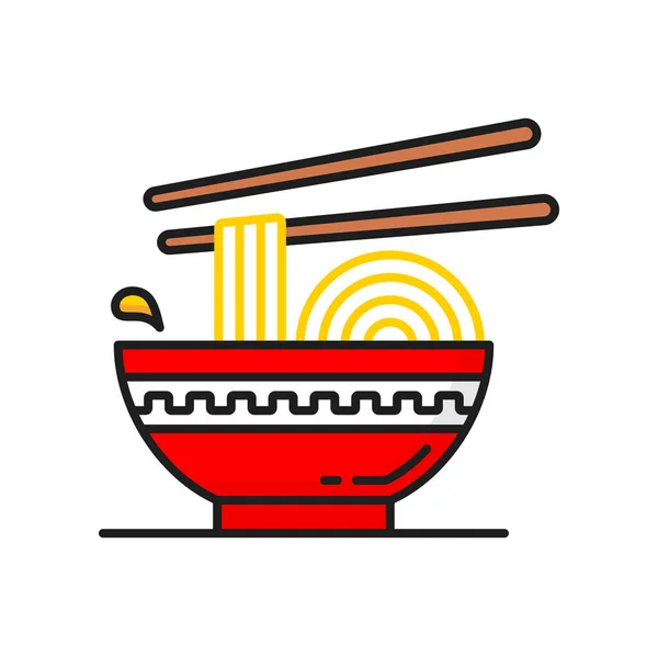 五碗与面条和筷子隔离的彩色线条图标 病媒面食外卖 亚洲菜外卖 外卖食品标签 — 图库矢量图片