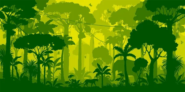ジャングルの森のシルエット 熱帯雨林の背景 アマゾンの森の風景 アフリカやブラジルのジャングルの環境ベクトルの背景 ヤシの木 リアナ ジャガーと象の動物のシルエットと壁紙 — ストックベクタ