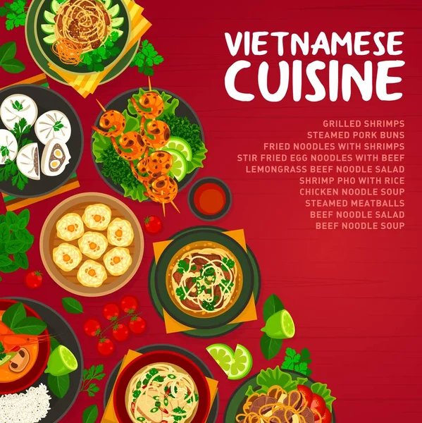 越南菜的菜单上都是菜 还有面条和米饭 越南餐馆菜单上有凤尾鱼汤 蒸肉包和肉丸子 或者用牛肉搅拌炒面 — 图库矢量图片