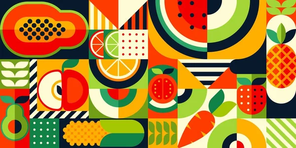 Fruits Bauhaus Modern Geometric Pattern Background Vector Food Tile Abstract — Stock Vector