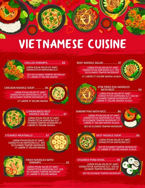 Vietnamská Kuchyně Menu Šablona Jídlo Vietnamu Rýží Nudlová Polévka Vektor — Stockový vektor