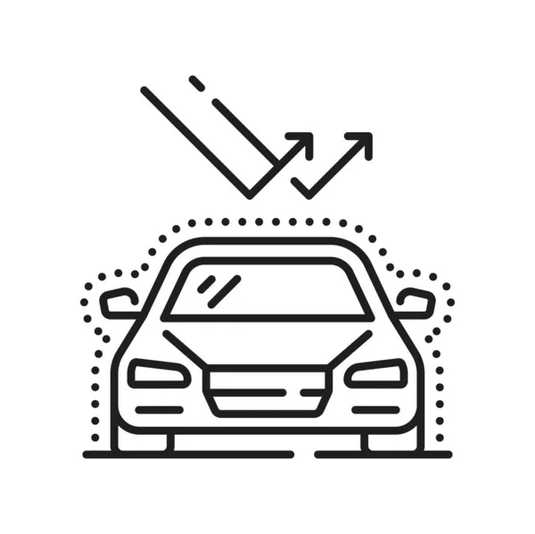 車の研磨と洗浄隔離されたアウトラインアイコン 矢印が付いているベクトル研磨車 細い線のアイコン バス設備 きれいな洗浄車のサイン — ストックベクタ