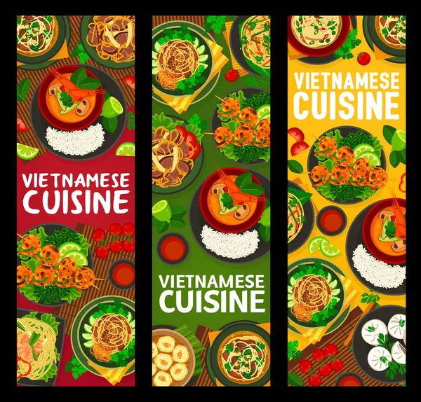 ベトナム料理食品バナー ベトナム料理と米と麺の食事 ベクトル ベトナム料理アジア料理のフォースープと鶏肉とエビ 蒸し豚肉のパンとミートボール — ストックベクタ