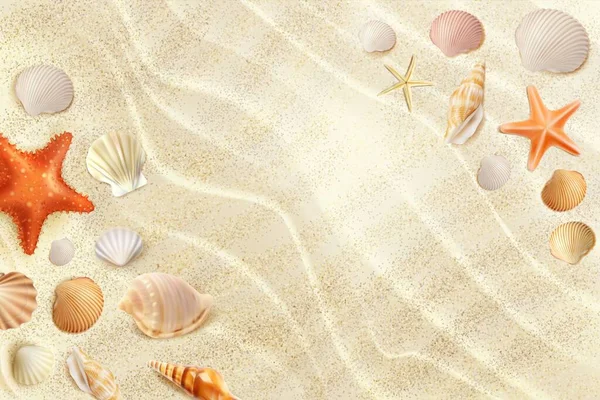 貝殻やヒトデ 夏休みのベクトルの背景と現実的な砂のビーチトップビュー 波に砂 ヒトデのフレームと海のリゾートや海のビーチの休暇のポスター — ストックベクタ