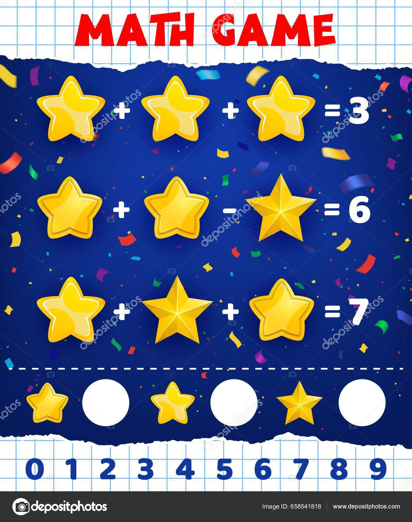 Planilha Jogo Matemática Desenhos Animados Estrelas Amarelas Douradas Vetor  Crianças imagem vetorial de Seamartini© 658541818