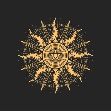 Ezoterik ve okült pentagram, mason ya da tarot sembolü. Güneş 'in içinde ışınları olan vektör kutsal yıldız işareti. Astrolojik tılsım, izole edilmiş tarot kartı ruhani tılsım, cadı ya da illuminati amblemi.