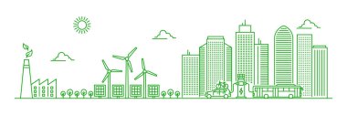 Yeşil enerji santrali ve şehir manzaralı Eko şehir manzarası. Gökdelenleri, güneş panelleri, rüzgar türbinleri, elektrikli araba, otobüs ile modern şehrin vektör ekolojisi ve çevre dostu altyapısı