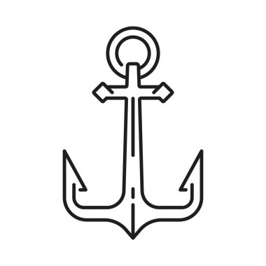 Denizcilik gemisi çapası, okyanus yolculuğu simgesi. Yat kulübü ağır ekipman ana hatları sembolü, donanma teknesi ya da demir kanca, denizcilik gemisi yolculuğu ya da yelkenli metal taşıyıcı piktogram ya da işaret levhası.