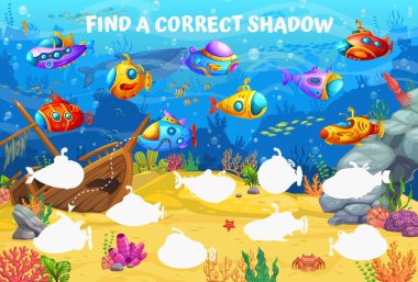 Denizaltı ve deniz manzaralı bir karikatür. Doğru bir gölge bulmak çocukların oyun testi. Eşleşen su altı gemi ve tekne siluetleri, deniz suyu balıkları, hayvanlar.