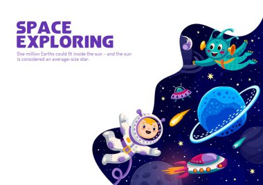 Çizgi film uzay posteri, astronot çocuk ve uzaydaki uzaylı. Astronomi ve uzay yolculuğu vektör broşürü veya uzay, uzay, uzay ve gezegenlerde uçan uzay elbiseli uzaylı ve çocuk afişi.