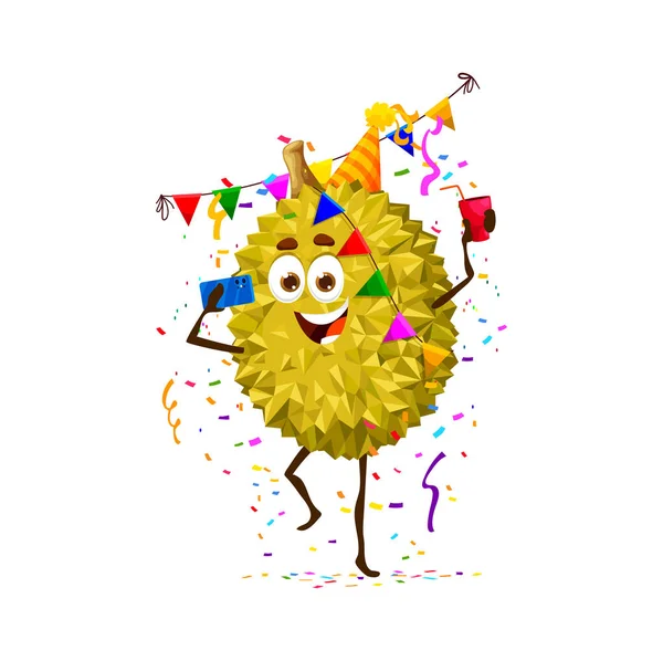 Desenhos Animados Alegre Durian Personagem Frutas Feriado Aniversário Festa Aniversário —  Vetores de Stock