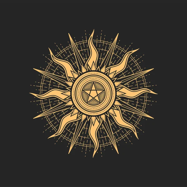 エソテリックでオカルトな五角形 マソンまたはタロット記号 太陽の内側に光線でベクトル神聖な星印 占星術のお守り 孤立したタロットカード精神的な魔法のお守り ウィッカまたはイルミナティの紋章 — ストックベクタ