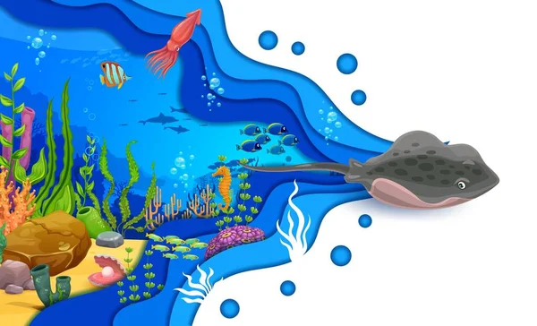Karikaturen Von Stachelrochen Und Fischen Auf Meerespapier Schneiden Landschaft Mit — Stockvektor