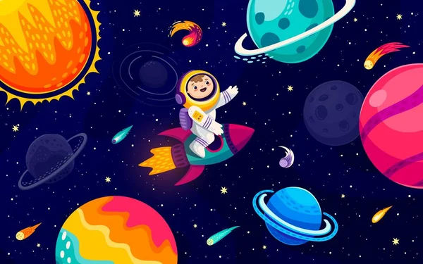 Astronauta Dos Desenhos Animados Foguete Galáxia Estrelada Entre Planetas Espaciais —  Vetores de Stock