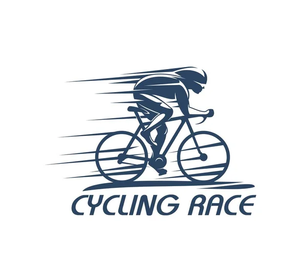 自転車に自転車レーサーのサイクリングスポーツアイコン ヘルメットのシルエットで自転車愛好家 ベクトルシンボル サイクリストのトライアスロンまたはサイクリングレースチームのバッジ 自転車速度の競争や選手のライドアイコン — ストックベクタ