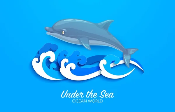 Cartoon Dolphin Paper Cut Sea Waves Ocean Underwater World Vector — Stock Vector