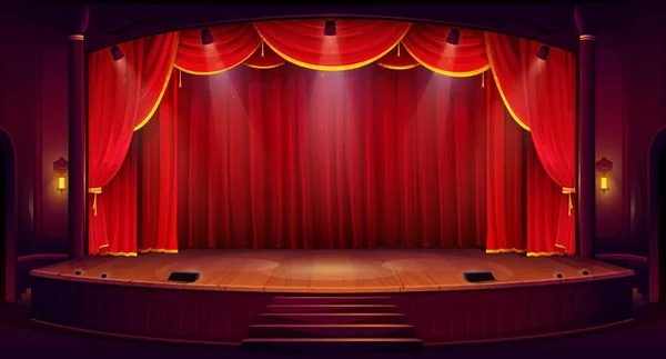 赤いカーテンで漫画劇場の舞台 パフォーマンス オペラ コンサート ダンスや音楽ショーのためのベクトル古典的な演劇シーン 木製の床や階段に輝くスポットライト付きの背景 — ストックベクタ