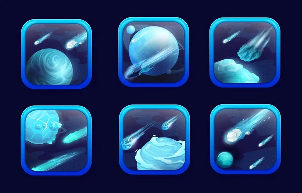 Cartoon Ruimte Spel App Pictogrammen Blauwe Turquoise Planeten Asteroïden Creëren — Stockvector