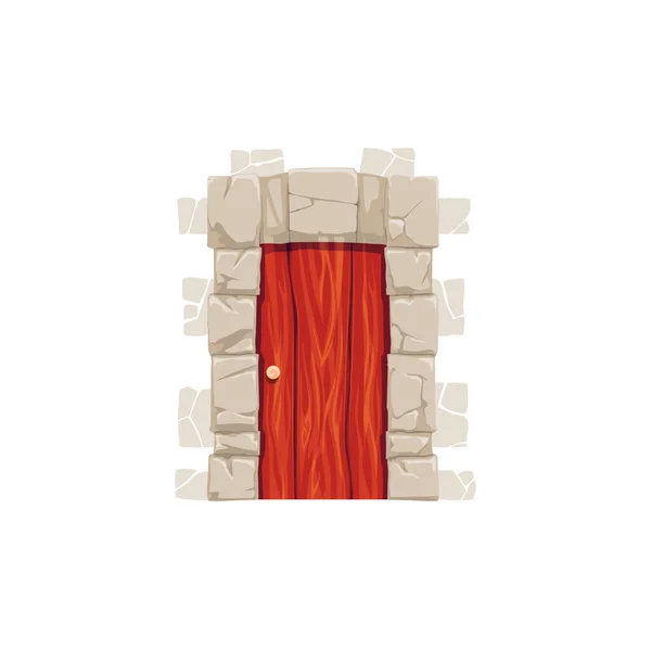 石の戸口とフロントドア 孤立ベクトルヴィンテージ漫画中世の入り口 古いダンジョンエントリや城のポータル 石造りのフレーム 壮大なおとぎ話の建築を持つ古代のドアUi要素 — ストックベクタ
